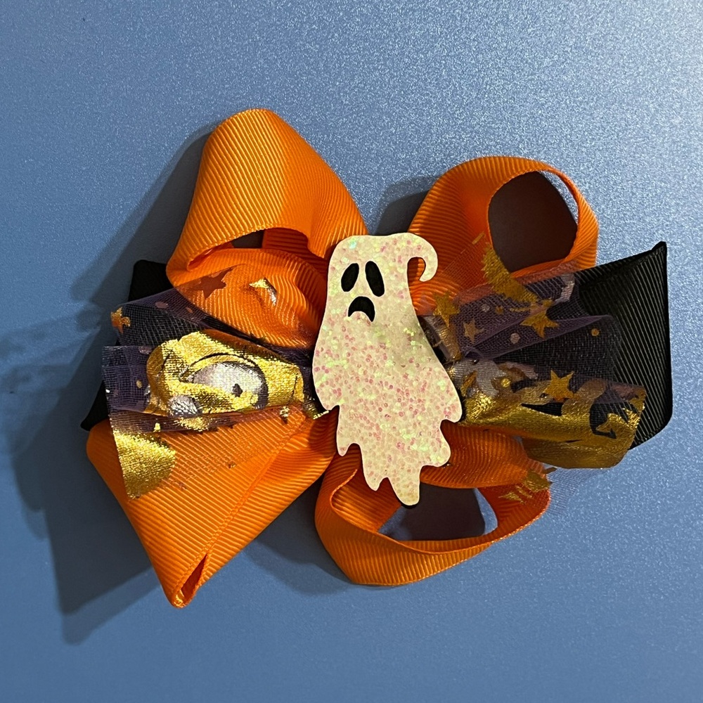 👻 NEW Cute Glitter Ghost Halloween Hair Bow – Orange & Black